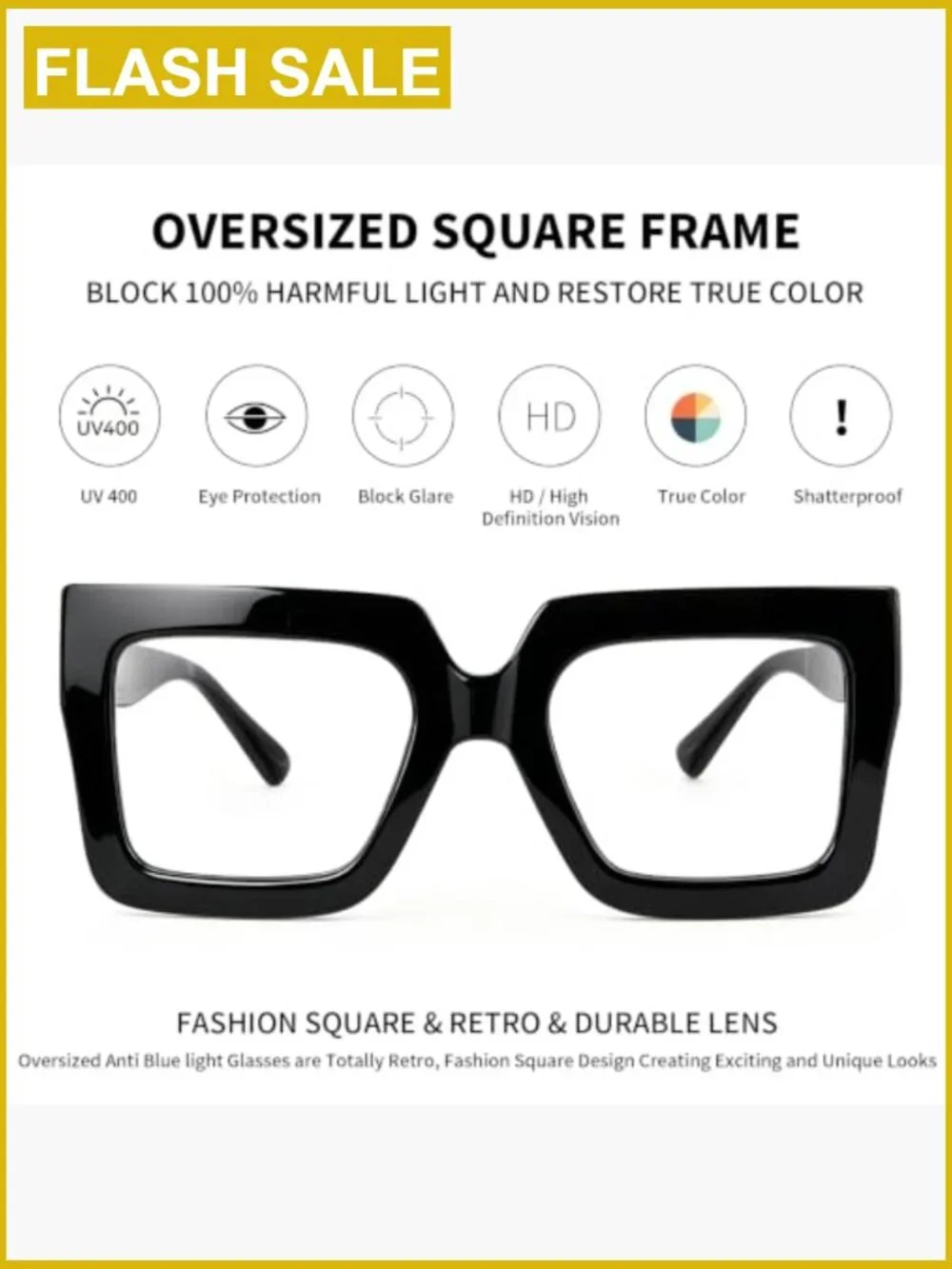 3-Pack Oversized Square Blue Light Glasses Big Frame Computer Eyewear